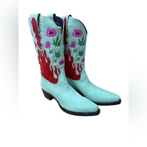 Dingo Turquoise and Red Embroidered Heeled Boots